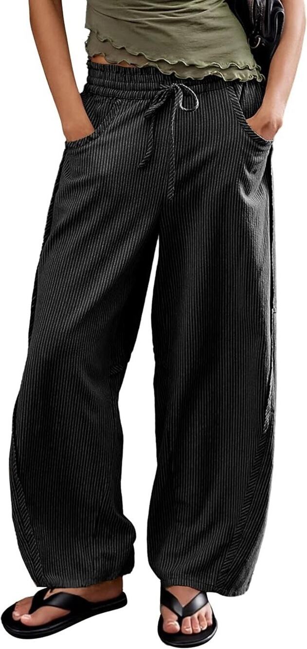 Ziqoty Women Black Striped Barrel Pants Small Wide Leg Drawstring Pockets New